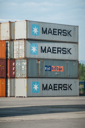 Mulhouse - France - 18 May 2018 - piles of containers in port in border Rhine