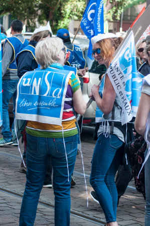 Mulhouse - France - 22 May 2018 - women from public service protesting against the lower wages and new reforms from the governmentのeditorial素材