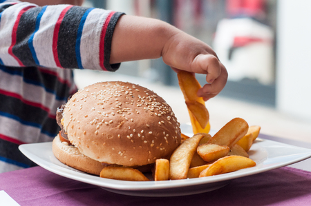 Closeup of little boy hand eating hamburger and french fries at restaurantの写真素材