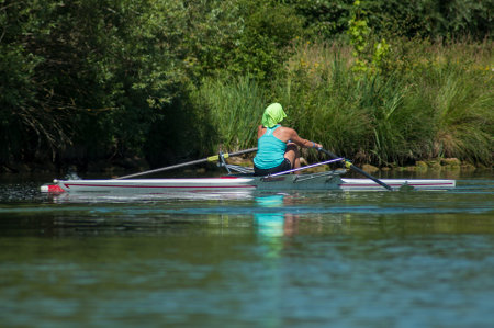 Mulhouse - France - 20 June 2018 - woman  rowing in the channelのeditorial素材