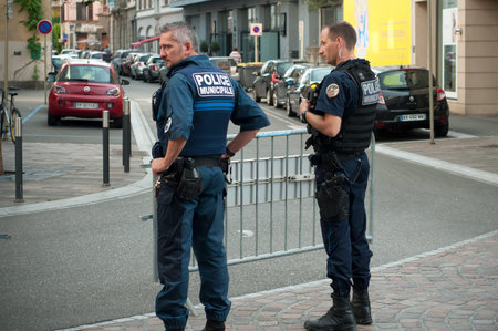 Mulhouse - France - 21 June 2018 -  municipal police men  standing  in the street