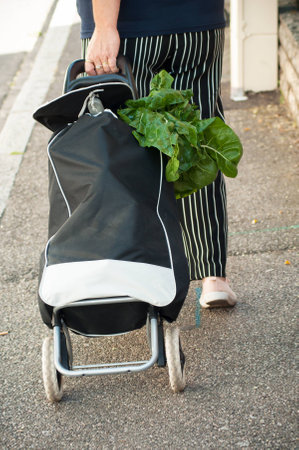 closeup of woman walking in the street with trolley from market placeの写真素材