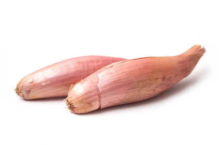 closeup of long Shallots on white backgroundの写真素材