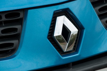 Mulhouse - France - 2 October 2018 - retail of renault Clio logo on blue car frontのeditorial素材