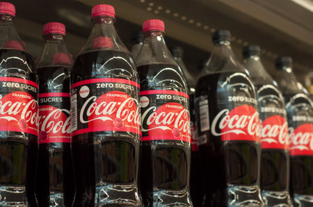 Mulhouse - France - 17 October 2018 - closeup of coca-cola bottles without sugar at Cora supermarket