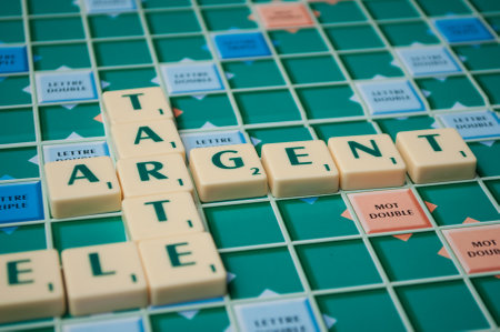 Mulhouse - France - 2 December 2018 - Closeup of plastic letters on Scrabble board gameのeditorial素材