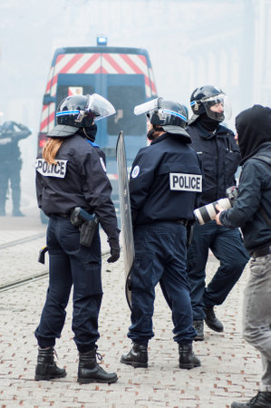 Mulhouse - France - 7 December 2018 - french policemen during the riot of high school students on...