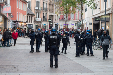 Mulhouse - France - 7 December 2018 - french policemen during the riot of high school students on the sidelines of the movement of yellow vestsのeditorial素材