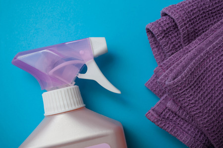 set of cleaning objects on blue backgroundの写真素材