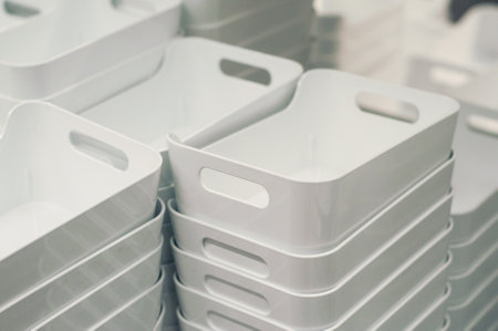 closeup of white plastic boxes pile in decoration storeの写真素材