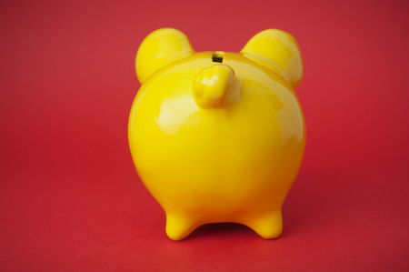 closeup of yellow piggy bank on red background on back viewの写真素材
