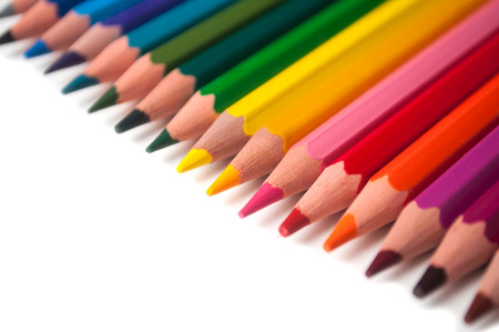 closeup of colouring pencils set on white background