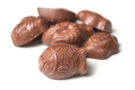Closeup of milk chocolate in shaped of animals on white backgroundの写真素材