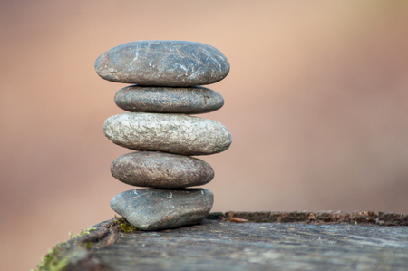 Closeup of stone balance on tree stump in the forestの写真素材