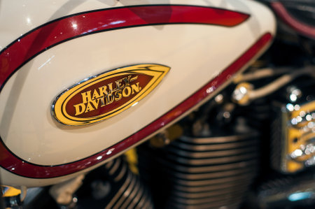 Mulhouse - France - 23 February 2019 - closeup of red and beige Harley davidson tank on motorbikeのeditorial素材