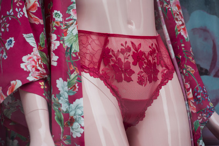 closeup of red underwear in fashion store showroom for womenの写真素材
