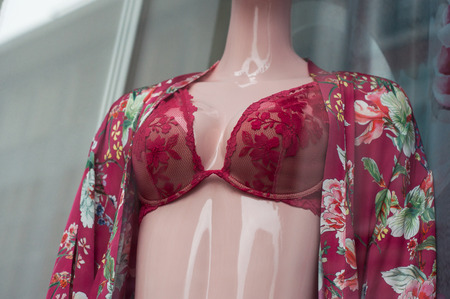 closeup of red underwear in fashion store showroom for womenの写真素材