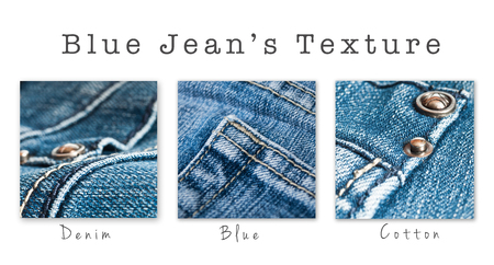 closeup of blue jeans texture - collage with textの写真素材