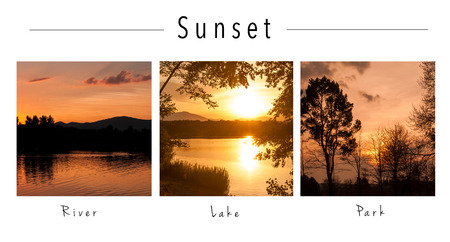 collection of sunset landscape - collage with text : River, Lake and parkの写真素材