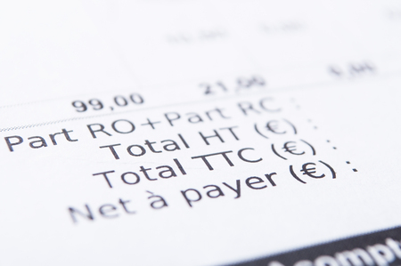 closeup of taxes in euro money on french bill documentの写真素材
