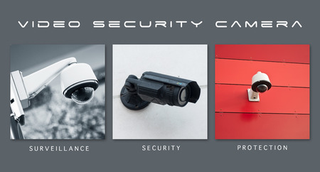 closeup of security cameras of security - collage with text : Surveillance, Security and protectionの写真素材