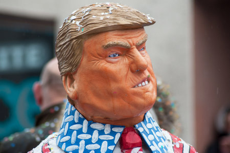 Pfastatt - France - 17 March 2019 -closeup of  Donald Trump character mask  on truck  who parading in the streetのeditorial素材