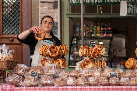 Strasbourg - France - 20 April 2019 - closeup of salted pretzels  in traditional alsatian storeのeditorial素材
