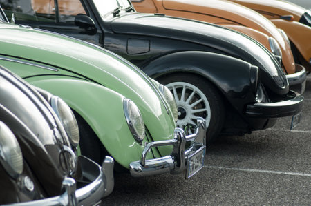 Mulhouse - France - 12 May 2019 -  old Volkswagen beetle alignment parked in the street