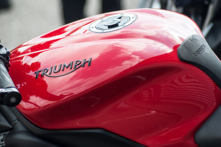 Mulhouse - France - 12 May 2019 - closeup of Triumph logo on red motorbike parked in the street