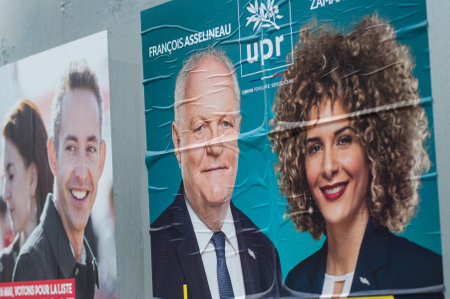 Mulhouse - France - 17 May 2019 - official campaign posters of political party leaders ones of the candidates running in the May 2019 european electionsのeditorial素材