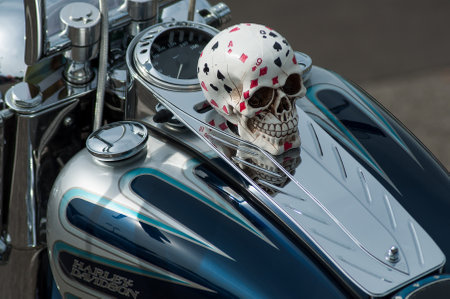 Illzach - France -9 June 2019 - retail of  skull on Harley Davidson motorbike parked in the streetのeditorial素材