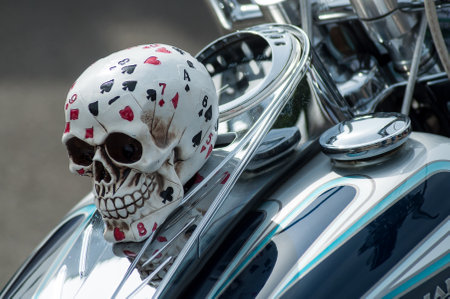 Illzach - France -9 June 2019 - retail of  skull on Harley Davidson motorbike parked in the streetのeditorial素材