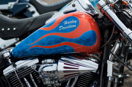 Illzach - France -9 June 2019 -retail of  tank painting  on Harley Davidson motorbike parked in the streetのeditorial素材