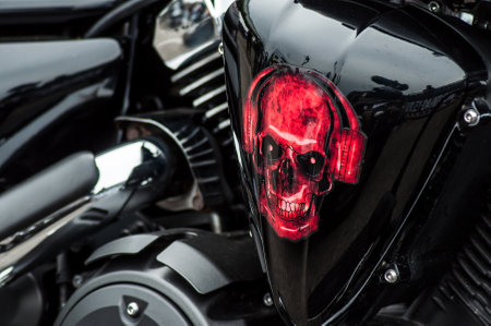 Illzach - France -9 June 2019 - Closeup of red skull painting on Harley Dadidson motorbikeのeditorial素材