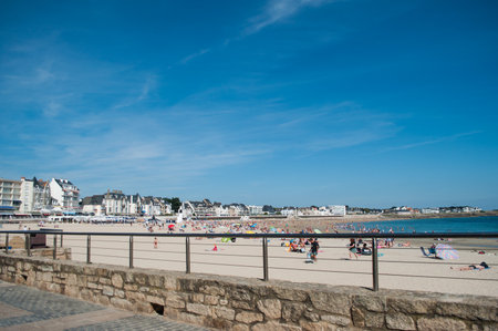 Quiberon - France - 12 July 2019 - panorama of Quiberon seascape with people on the beachのeditorial素材