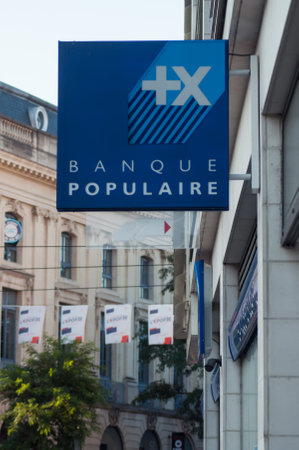 Mulhouse - France - 25 August 2019 - Closeup of Banque populaire logo on bank agency facade in the streetのeditorial素材