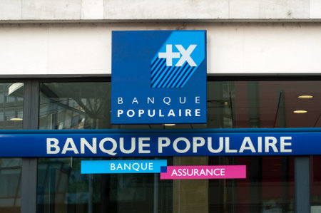 Mulhouse - France - 25 August 2019 - Closeup of Banque populaire logo on bank agency facade in the streetのeditorial素材