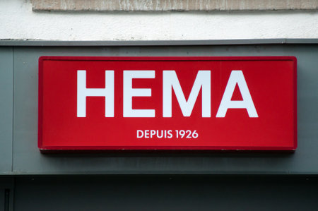 Mulhouse - France - 25 August 2019 - Closeup of Hema sign in store front in the streetのeditorial素材