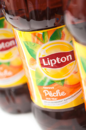 Mulhouse- France - 30 August 2019 - Closeup of Lipton ice tea in plastic bottles on white backgroundのeditorial素材
