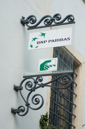 Mulhouse - France - 1 September 2019 - Closeup of BNP Paribas sign in bank agency in the streetのeditorial素材