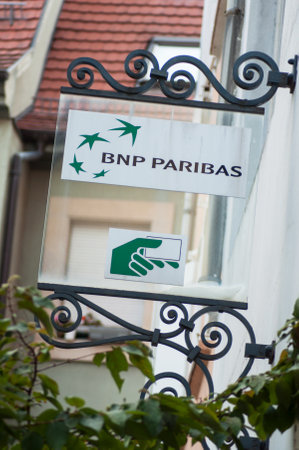 Mulhouse - France - 1 September 2019 - Closeup of BNP Paribas sign in bank agency in the streetのeditorial素材