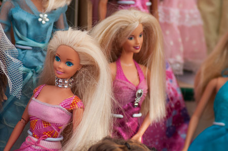 Riedisheim - France - 7 Septembre 2019 - Closeup of Barbie dolls collection at flea market in the...