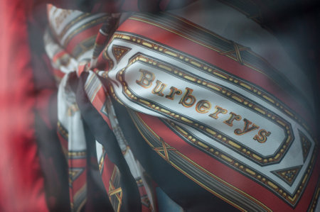 Mulhouse - France - 8 September 2019 - Closeup of Burberry logo on luxury clothes in fashion store...