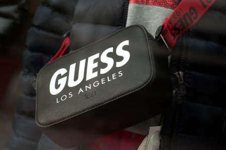 Mulhouse - France - 8 September 2019 - Closeup of leathe handbag from Guess the luxury brand in fashion store showroomのeditorial素材