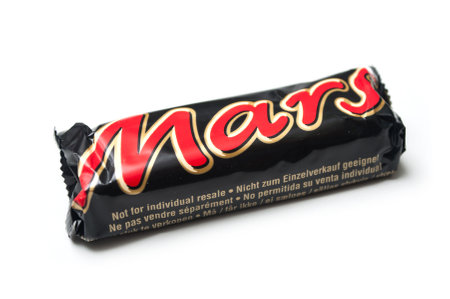Mulhouse - France - 19 September 2019 - Closeup of Mars Chocolate bar on white backgroundのeditorial素材