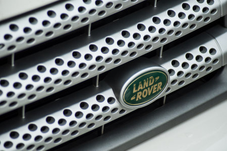 Mulhouse - France - 27 September 2019 - Closeup of Land rover logo on front crossover car parked in...