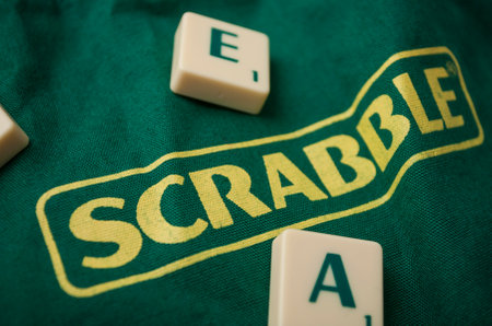 Mulhouse - France - 1 October 2019 - Closeup of Scrabble brand on fabric bag of the famous game of crosswordsのeditorial素材