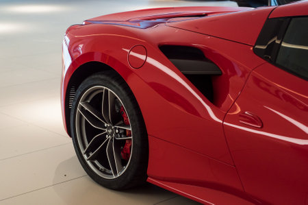 Mulhouse - France - 5 October 2019 - Closeup of red Ferrari front in Ferrari retailer showroomのeditorial素材