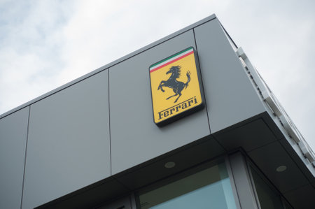 Mulhouse - France - 5 October 2019 - Closeup of  Ferrari logo on  ferrari retailer showroom front
