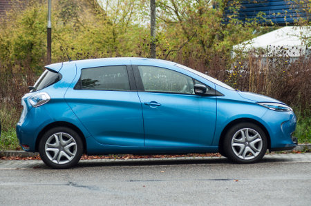 Mulhouse - France - 6 October 2019 - View of blue Renault Zoe electric car parked in the streetのeditorial素材